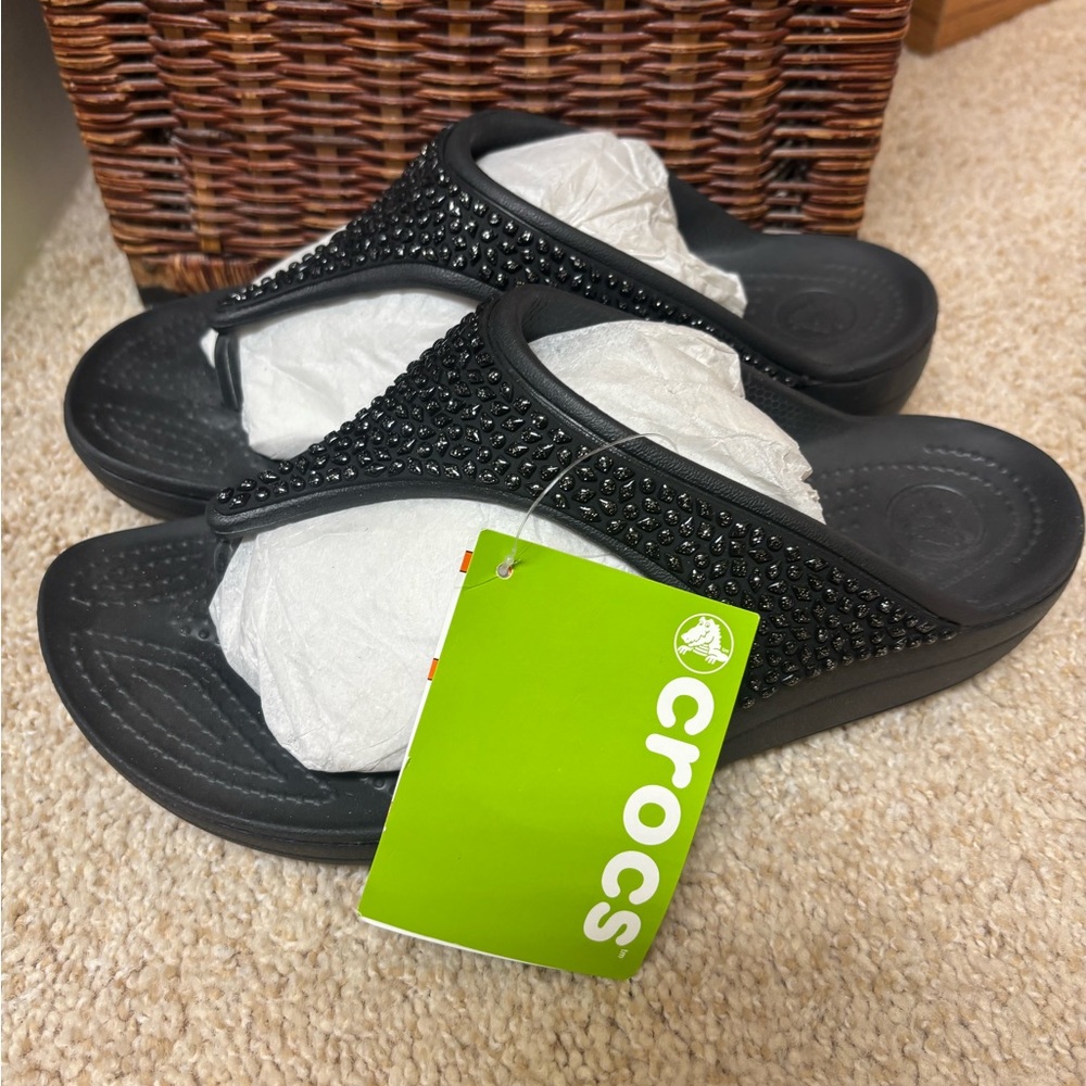 CROCS Black Slide Sandals with Sparkling Accents Size 9